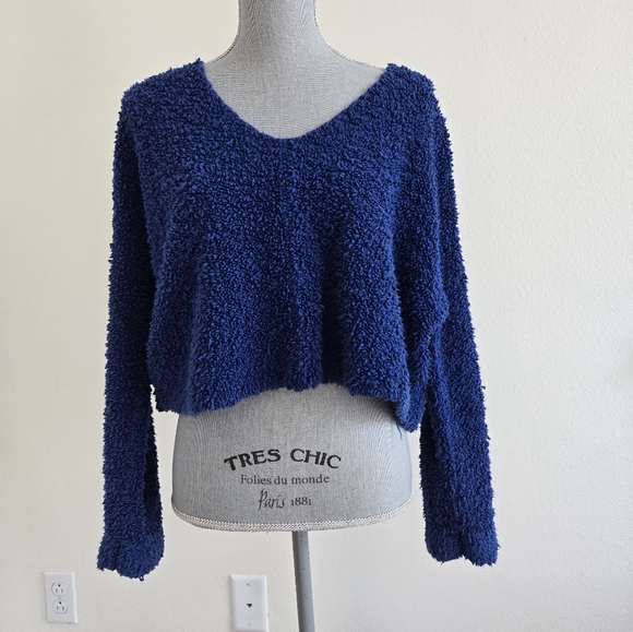 Free People Sweaters - Free People Popcorn Pullover Sweater Blue Teddy Boucle Boxy Slouchy Crop Mediu M
